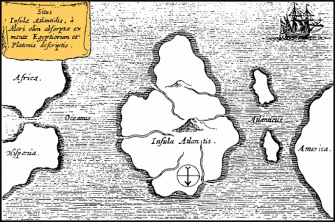 大西洋の中央にアトランティスが描かれたアタナシウス・キルヒャーによる地図。